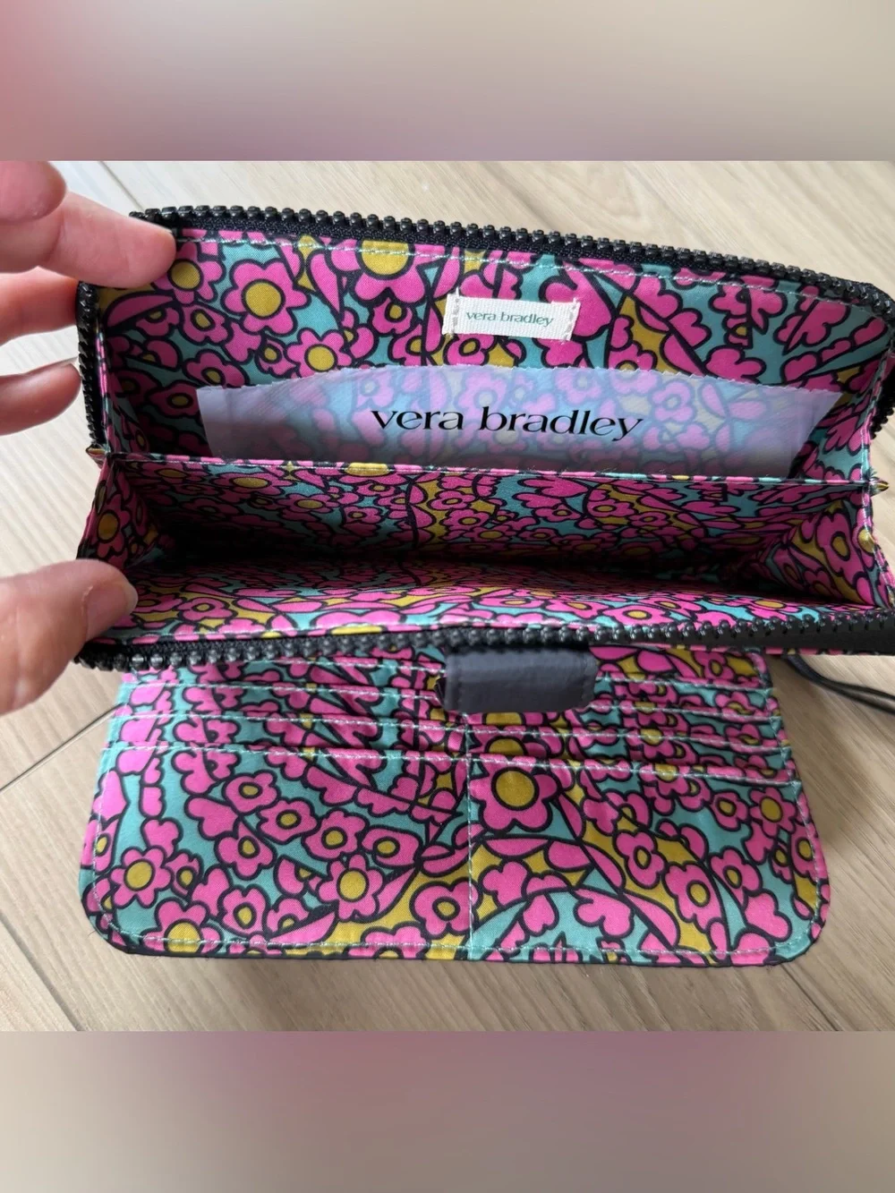 Vera Bradley Large Tab Black Quilted Zip Wallet Moonless Night
